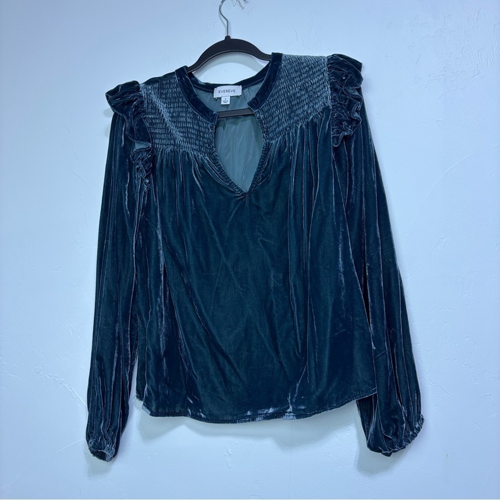 Evereve Women's Large Velvet Smocked Ruffle Top Long Sleeve